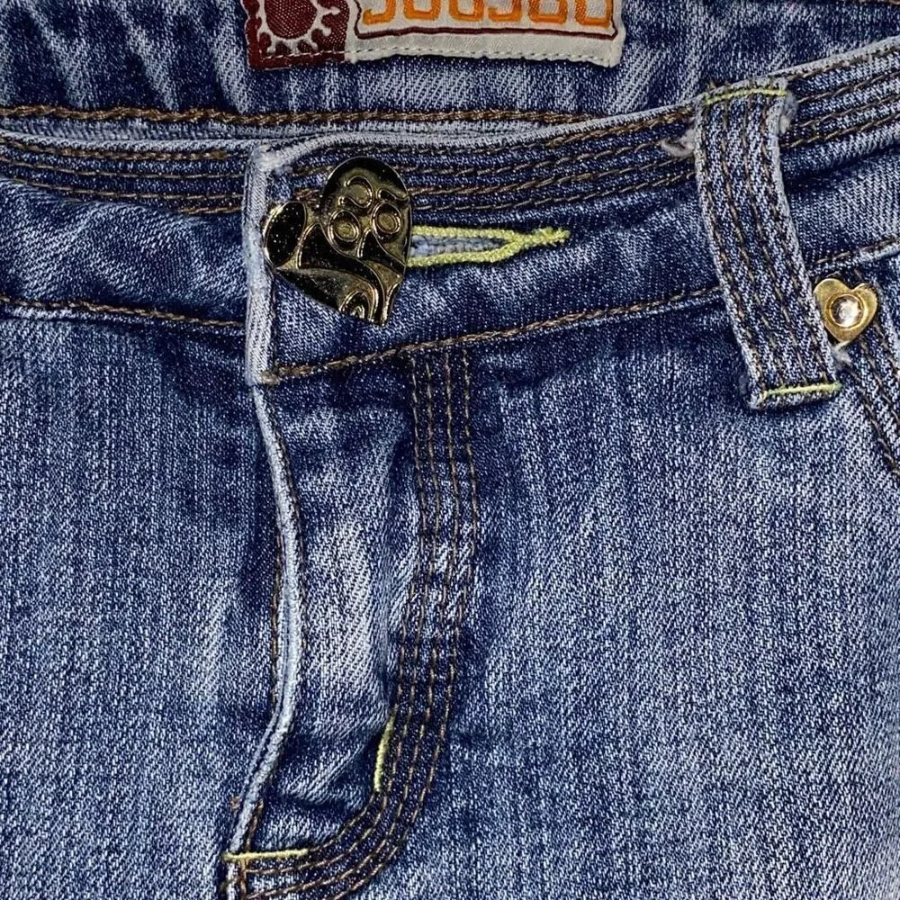 JouJou Womens Bootcut Jeans Medium Wash‎ Embroidered Heart Button Y2K Blue Denim